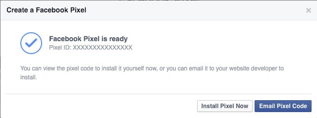 The dialog shown after creating a new Facebook Pixel