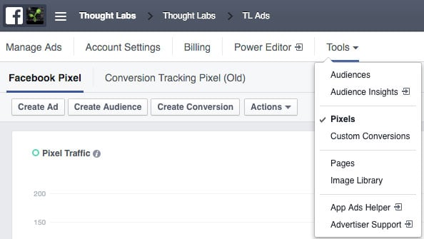 The Pixels view in the Facebook Ad Manager