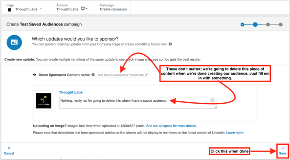 Filling out a dummy Direct Sponsored Content ad in LinkedIn Filling out a dummy Direct Sponsored Content ad in LinkedIn