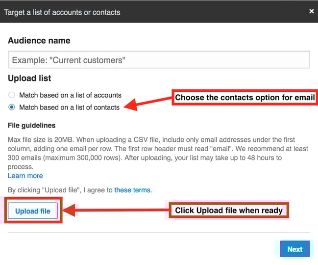 LinkedIn matched audiences popup dialog to choose contacts or accounts LinkedIn matched audiences popup dialog to choose contacts or accounts