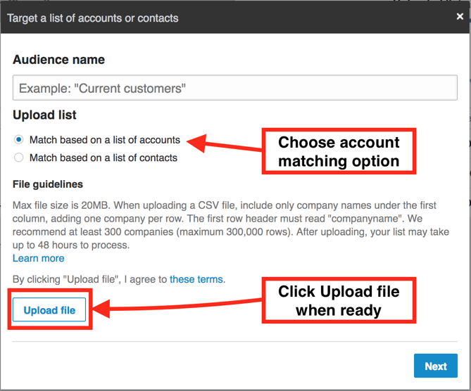 LinkedIn matched audiences popup dialog to choose contacts or accounts