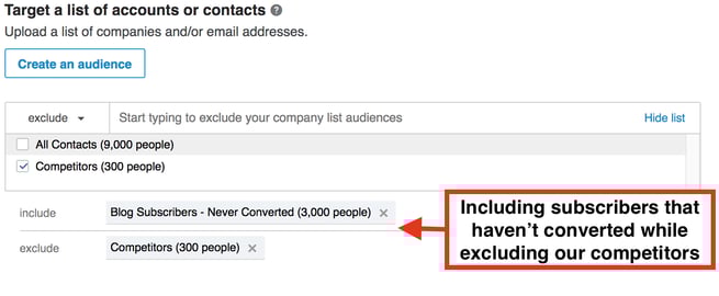 targeting blog subscribers that haven't taken an action on our site while excluding our competitors targeting blog subscribers that haven't taken an action on our site while excluding our competitors