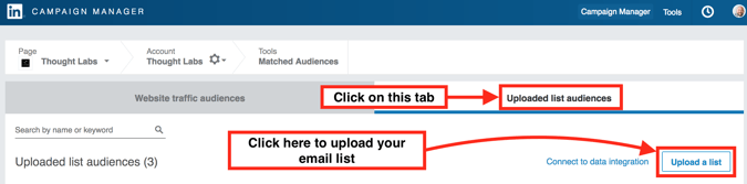 LinkedIn matched audiences upload list audiences tab LinkedIn matched audiences upload list audiences tab