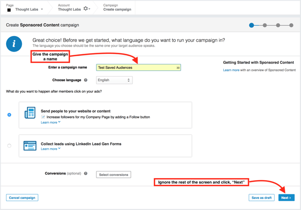 Naming a LinkedIn campaign Naming a LinkedIn campaign