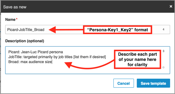 Save as new LinkedIn targeting template popup dialog Save as new LinkedIn targeting template popup dialog