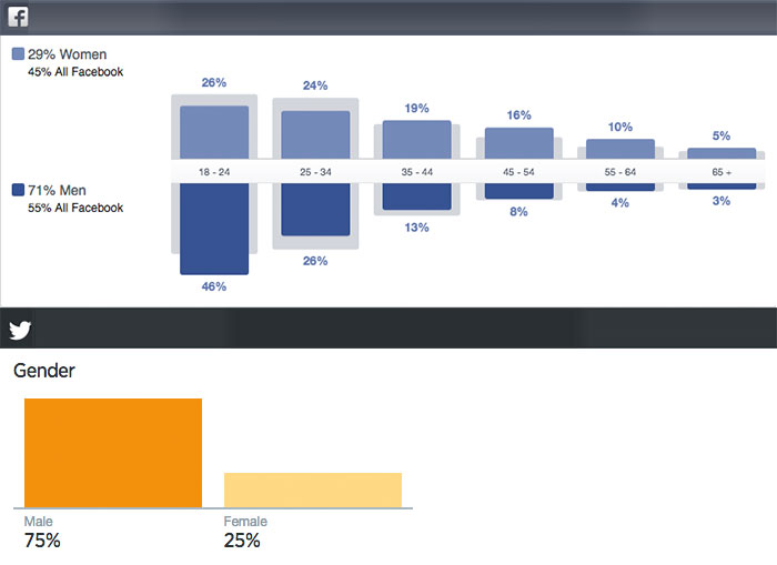 Facebook and Twitter Audience Insights showing the gender and age makeup of the community Facebook and Twitter Audience Insights showing the gender and age makeup of the community