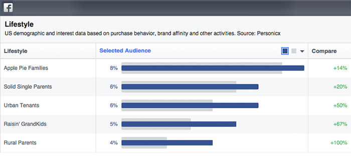 Facebook and Twitter Audience Insights showing the top segments for the community Facebook and Twitter Audience Insights showing the top segments for the community